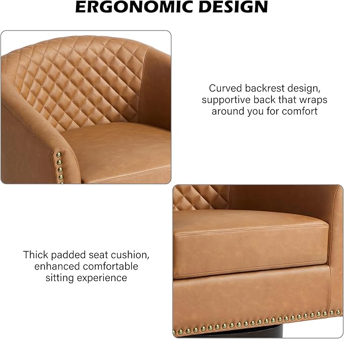 Swivel Barrel Accent Chair Comfy Modern Upholstered Round Faux Leather Arm Chair for Living Room Bedroom（Coffee Set of 1