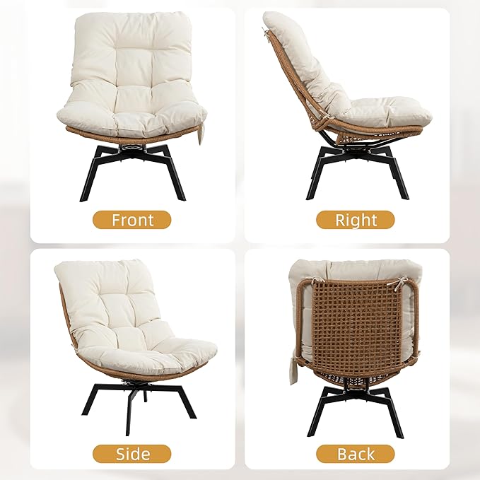 JAMFLY Accent Chair Modern Wicker Swivel Living Room Chairs with Oversized Seat &amp Cushion Papasan Chair Metal Frame Phone Pocket for Bedroom Study Balcony Beige
