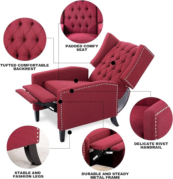 Wine Red Mid Century Modern Recliner Wingback Accent Chair with Push Back Mechanism Button Tufted Fabric Sofa &amp Nailhead Trim - Comfy Living Room Seating for Home Theater Office