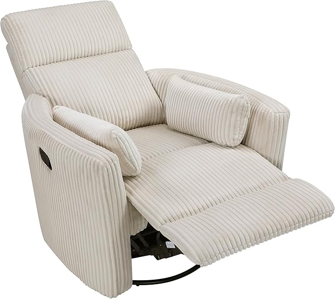 Lexicon Modern Swivel Glider Recliner Chair Nursery Glider Corduroy Fabric Upholstery Recliner with 2 Lumbar Pillows Manual Reclining Sofa Chair for Living Room/Office/Apartment Beige