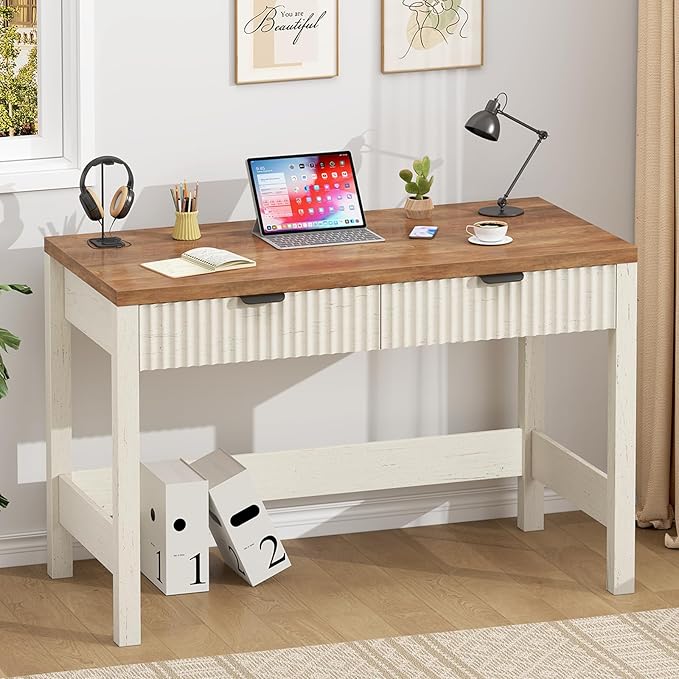 Fluted Computer Desk with 2 Drawers 39 Inch Small Computer Desk with Storage Compact Writing Study Vanity Desk for Small Spaces Antique White
