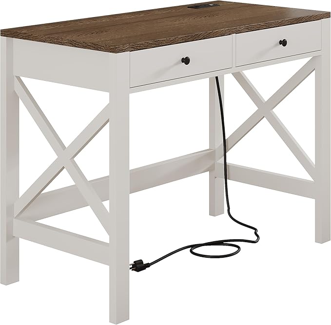 ChooChoo Computer Desk with USB Charging Ports and Power Outlets Modern Simple 40 Inches Desk with Drawers Makeup Vanity Console Table Soft White