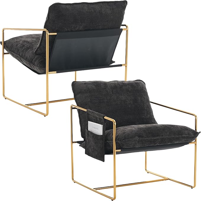 Modern Sling Accent Chairs Set of 2 Grey Chenille Fabric Living Room Chairs Set of 2 Reading Chair for Bedroom Corner Side Arm Chair Armchair Sillas para Sala Gold Metal Frame (Grey)