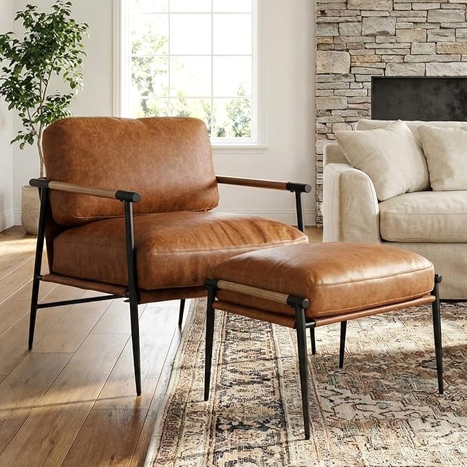 DUOMAY Mid Century Modern Accent Chair with Ottoman Set Brown PU Leather Upholstered Living Room Chair with Metal Legs Lazy Lounge Chair Set with Footrest for Bedroom Living Room