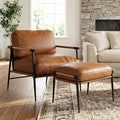 DUOMAY Mid Century Modern Accent Chair with Ottoman Set Brown PU Leather Upholstered Living Room Chair with Metal Legs Lazy Lounge Chair Set with Footrest for Bedroom Living Room
