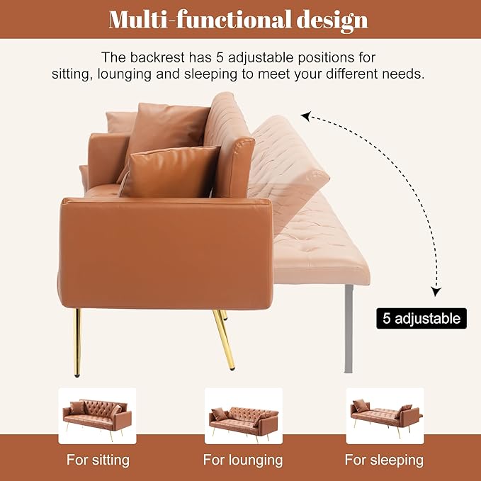 Anwick 72 Modern PU Leather Sofa Bed FutonConvertible Folding Sleeper Bed Couches with 3 Adjustable BackrestsTufted Recliner Loveseat with Golden Chrome Legs for Small Living Room Office (Brown)