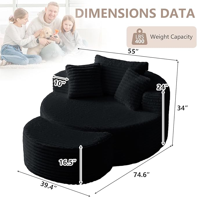74.6 Oversized Round Chaise Lounge Chair with Ottoman Indoor Fluffy Upholstered Corduroy Deep Seat Large Boneless Circle Couch Sofa Chairs for Living Room Bedroom No Assembly Required Black
