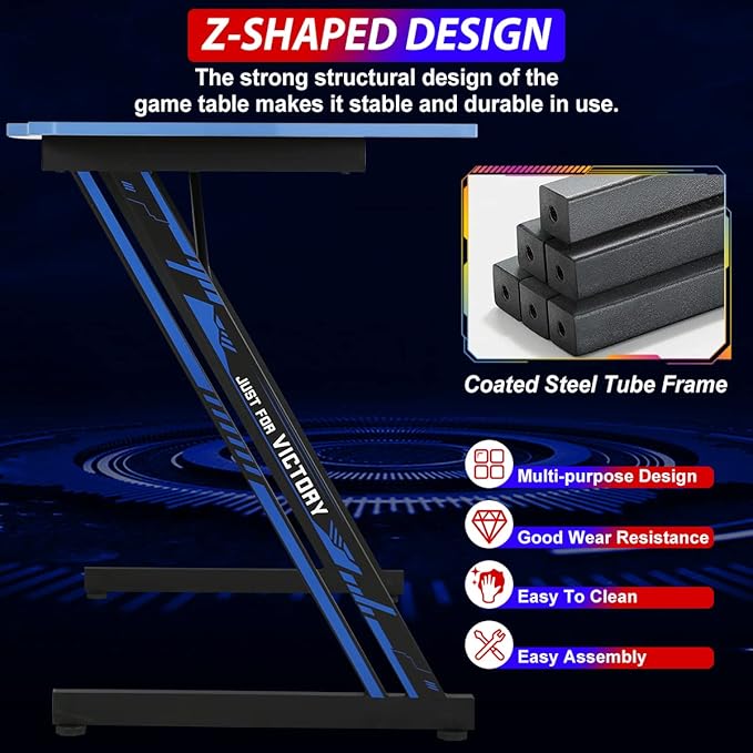Gaming Desk 47 Inch Z-Shaped Computer Desk Modern Ergonomic PC Computer Table Home Office Desk Racing Style Gaming Workstation with Headphone Hook Blue