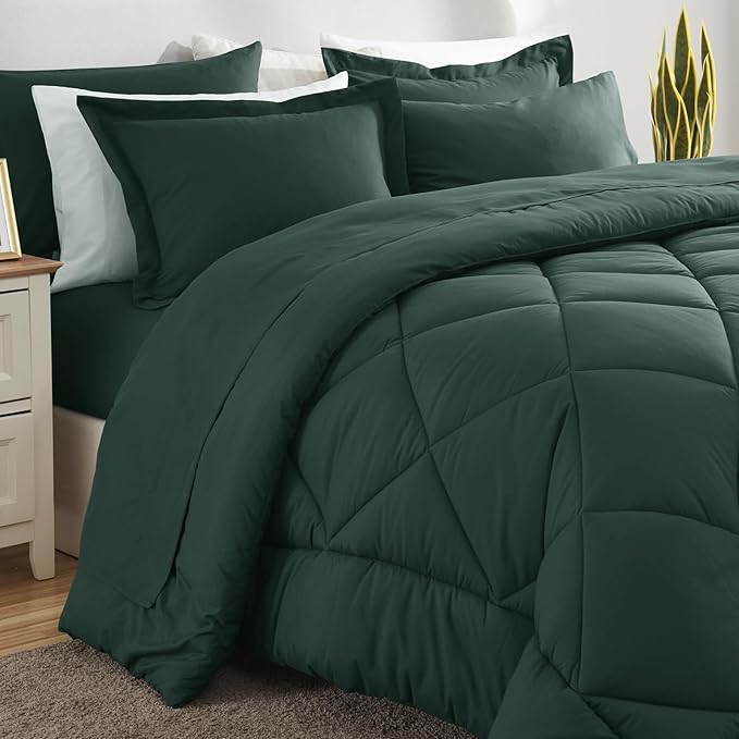 CozyLux Queen Comforter Set Forest Green - Bed in a Bag Queen Size 7 Pieces Luxury Soft Bed Set for All Seasons Bedding Set with Down Alternative Comforter Sheets Pillowcases &amp Shams