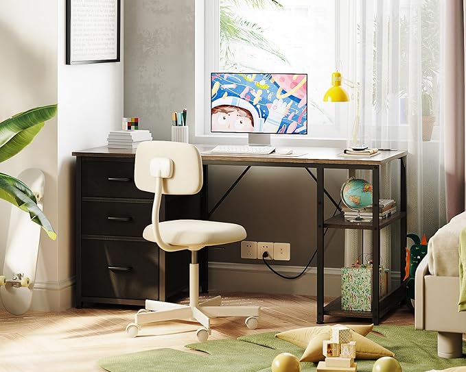 AODK 51 Inch Computer Desk with Fabric Drawers &amp USB Power Outlets - Reversible Home Office Desk with Storage Shelves Work from Home Modern Work/Writing/Study Table for Bedroom Grey Oak
