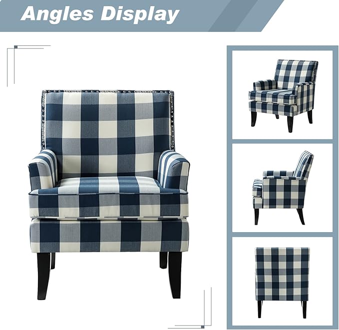 HULALA HOME Modern Accent Chairs Set of 2 Farmhouse High Back Buffalo Plaid Chairs with Wooden Legs &amp Nail Head Trim Comfy Upholstered Armchairs for Living Room/Bedroom (Buffalo Navy)