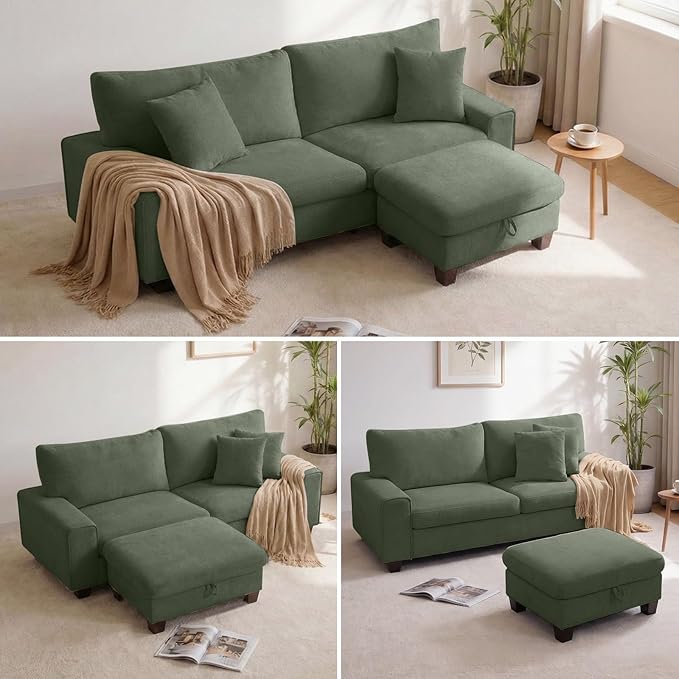 DOPEDIO L-Shaped Sectional Sofa with Storage Ottoman Modern Chenille Recliner Loveseat Removable Couch Covers Pocket Spring Cushions Solid Wood Frame Easy to Install (88.58inch Green)