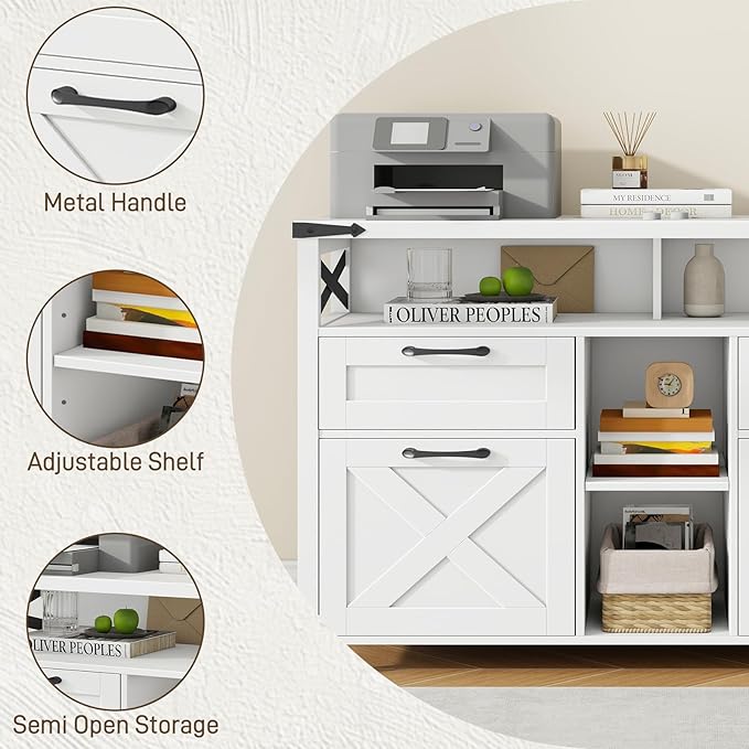 Farmhouse Filing Cabinet with Adjustable Shelf for Home Office Lateral File Cabinets 4 Drawers with Open Storage Shelf Filing Organization Storage Cabinets for Hanging Files Letter/A4.(White)