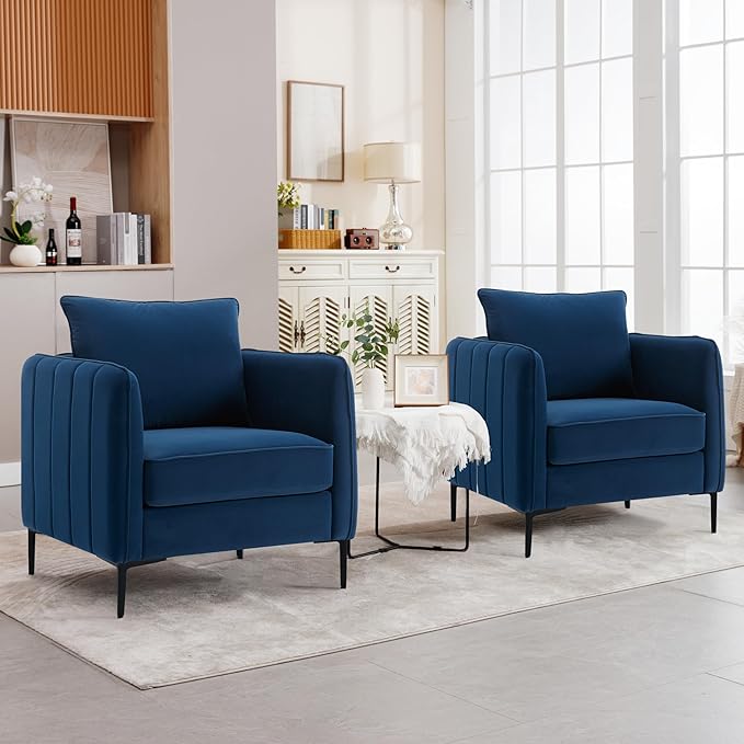 Blue Velvet Accent Chairs Set of 2 Modern Upholstered Accent Chair Comfy Velvet Armchair with Thick Cushion and Wood Frame Single Sofa/Side Chair for LivingRoom Bedroom Nursery Office