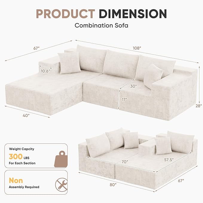 Homall 108 Modular Sectional Sofa Boneless Couch with L-Shape Chaise Cloud Couch with Deep Seat Upholstered No Assembly Required for Living Room Bedroom (Chenille Beige)