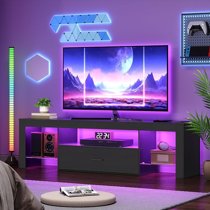 HOOBRO LED TV Stand with Power Outlets to 65 inch TV Gaming Entertainment Center with Glass Shelves and Large Drawer Modern Media TV Console Table for Living Room Bedroom Black BB160UDDS01G1