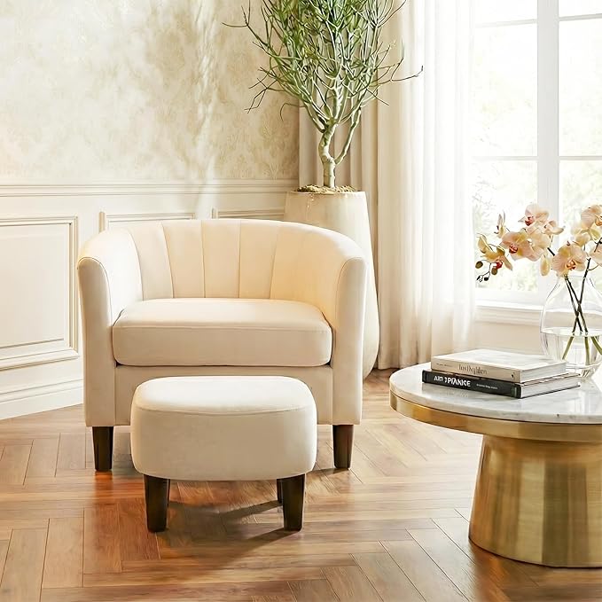 FDW Accent Chair with Ottoman Velvet Modern Armchair &amp Sofa Chair Comfortable Living Room Chair for Reading Bedroom Lounge &amp Apartment Beige