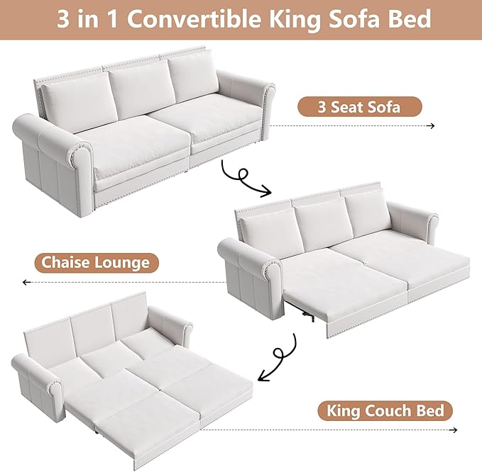 93.7 King Pull Out Sofa Bed 3 in 1 Convertible Sleeper Sofa 3 Seat Couch with Nailhead Trim &amp Rolled Arm for Living Room Apartment Office Beige Velvet