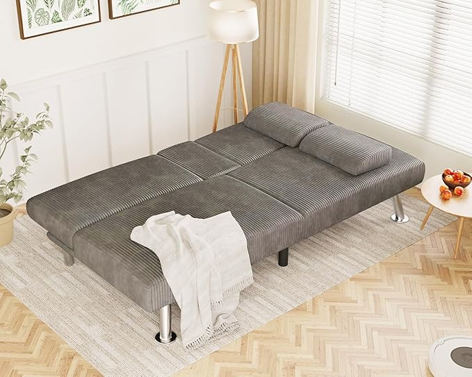 Flamaker Futon Sofa Bed Modern Folding Futon Set Convertible Recliner Lounge for Living Room with 2 Cup Holders Removable Armrests (Corduroy Marble Grey)