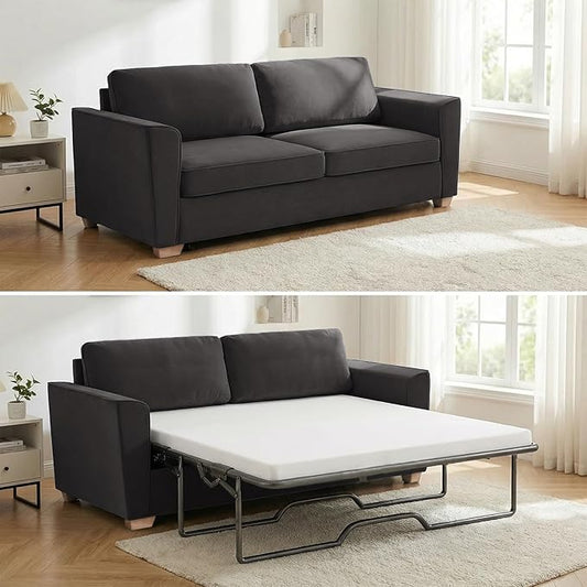 Mjkone 77 W Queen Size Pull Out Sofa Bed 2-in-1 Convertible Velvet Loveseat Sleeper Sofas Couch with Pull Out Couch Bed Folding Sofa Sleepers with Mattress for Living Room Apartment Dark Grey