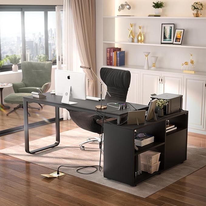 Homieasy L Shaped Desk with File Cabinet &amp Power Outlet Reversible 55 Inch Large Corner Computer Desks with LED Strip L-Shaped Computer Desk with Drawers and Storage Shelves Black