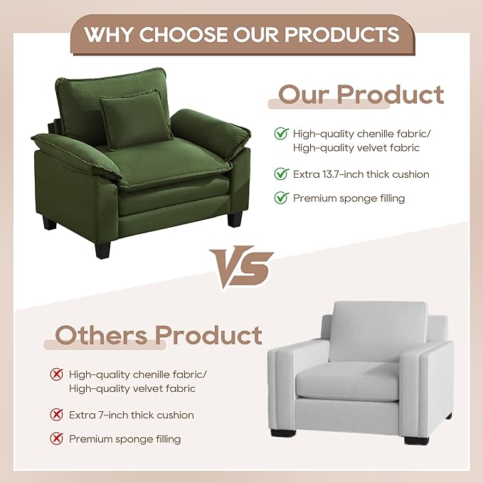 IPKIG Chenille Oversized Accent Chair - 53 W Cozy Upholstered Single Reading Armchair Modular Cloud Sofa for Living Room Bedroom Kids Room Family Room Reading Nook (Green Chair Only)