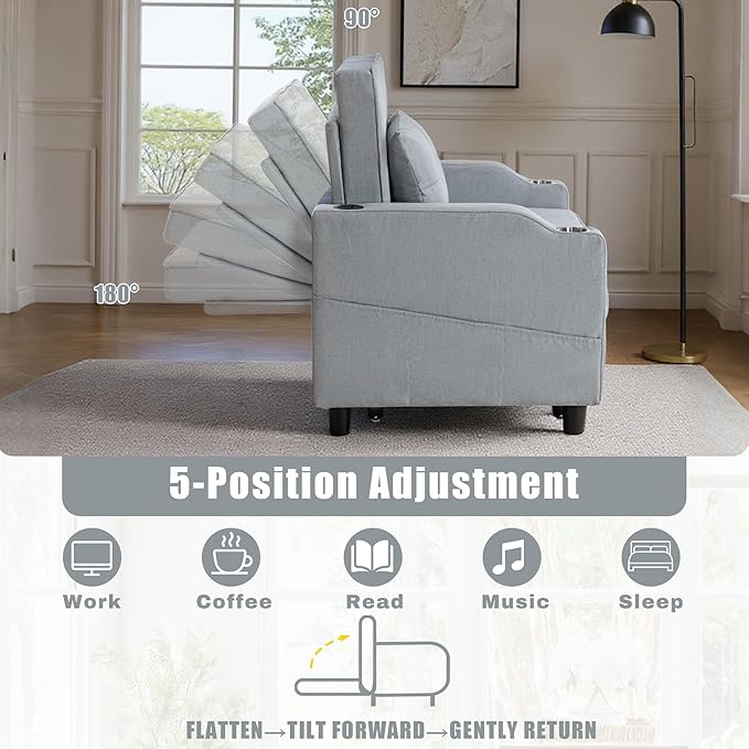 Sleeper Chair 5-in-1 Convertible Chair Bed Pull Out Adjustable Single Armchair Sofa Bed with USB PortsSide PocketCup Holder (Grey)