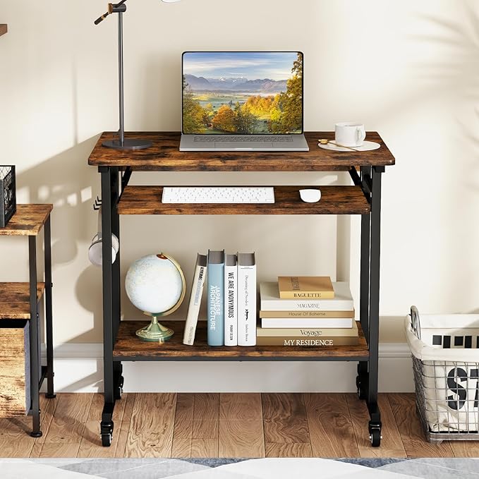 LDAILY Small Computer Desk Portable Desk on Wheels with Spacious Tabletop Keyboard Tray Open PC Stand 3 Earphone Hooks Wooden Rolling Computer Cart Mobile Laptop Desk for Office Home