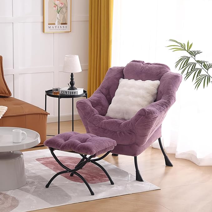 Lazy Chair with Ottoman Large Purple Accent Chair with Ottoman and FA Throw Pillow Comfy Plush Reading Chair for Living Room Bedroom Dorm Room Office Apartment Relaxing Use
