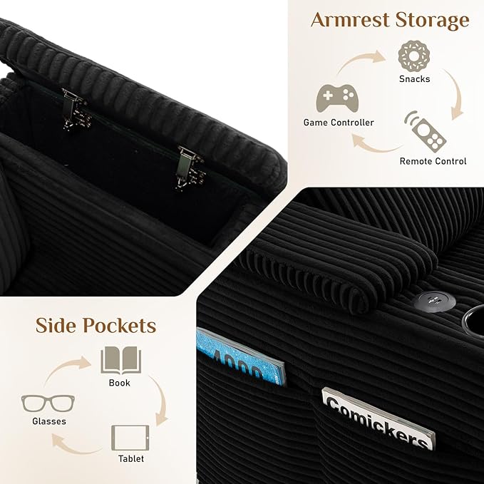110 Oversized Cloud Couch U Shaped Modular Sectional Sofa L Shaped Sectional Couches for Living Room Comfy Corduroy Cloud Sofa with Ottoman USB Port Cup Holder Armrest Storage Side Pocket Black