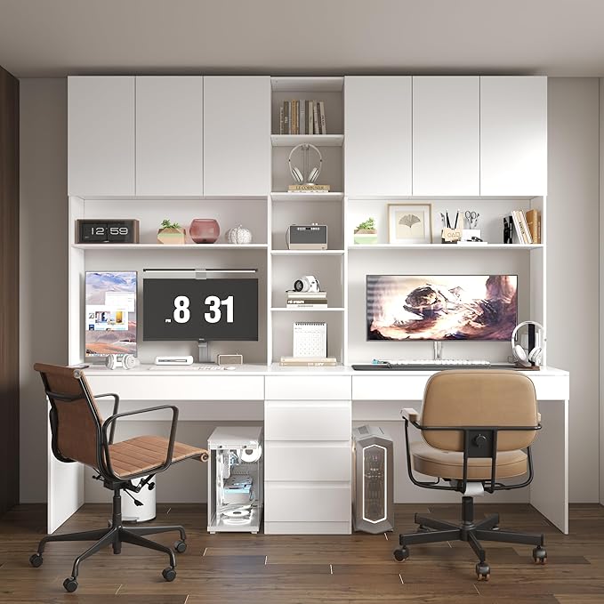 WOODTIME Large Two Person Computer Desk with Bookshelf Study Writing Gaming Table Workstation with 6 Drawers &amp 15 Shelves for Home Office White