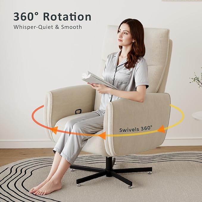 Power Swivel Recliner Chair Modern Electric with USB &amp Type-C Ports Upholstered Velvet Swivel Recliner Chair 360° Swivel for Office &amp Living Room Easy Assembly (Beige)
