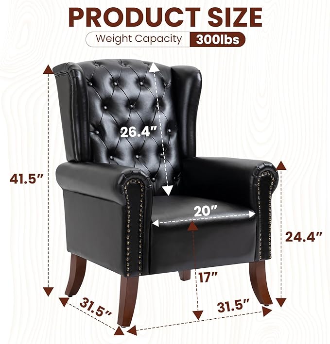 Faux Leather Accent Chair Mid-Century High Back Armchair Upholstered Club Sofa Chair with Wooden Legs Living Room Chair for Bedroom Office Lounge (Black)