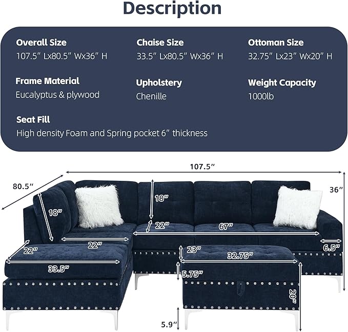 Yoglad 108'' Sectional Couches for Living Room Modular 5-Seater Couch Sofa with Reversible Chaise &amp Cup Holders L-Shaped Corner Sofa with Storage Ottoman for Apartment Office (Chenille Navy Blu