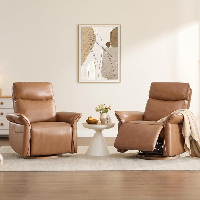 CHITA Genuine Leather Power Recliner Chair Electric Triple-Motor Swivel Glider Nursery Rocking Chair with Adjustable Power Headrest and Lumbar Support GREENGARD Gold Certified Saddle Brown