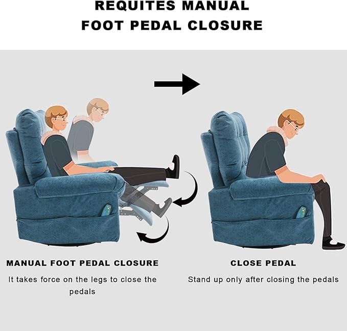 Rocker Recliner Chair for Adults Soft Lazy Boy Recliner Chair with Heat&amp Adjustable Backrest Footrest Oversized Massage Recliner Chair with Swivel and Side Pocket for Living Room Bedroom (Blue)