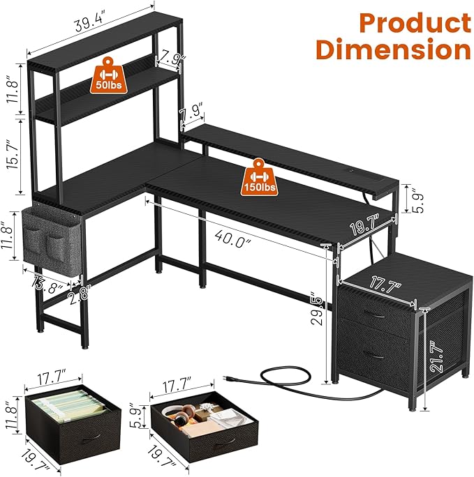 REAHOME 70 Inch L Shaped Desk with File Drawers and Reversible Storage Shelves Computer Desk with Power Outlet &amp LED Strip Home Office Desks Writing Study Desk for Bedroom Carbon Fiber Black