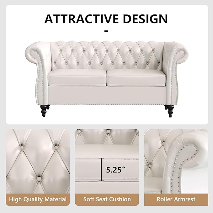 2 Piece Living Room Furniture Set Faux Leather Loveseat and Chair Set Mid Century Modern Upholstered Sofa Couch with Cushions Vintage Comfy Tufted Chesterfield Couches for Bedroom Office (White)