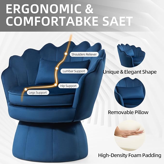 Swivel Barrel Chairs Set of 2 Small Accent Armchair Navy Blue Velvet Upholstered Mid-Century Modern Style for Living Room/Bedroom/Waiting Room for Relaxing &amp Reading Pillow Included