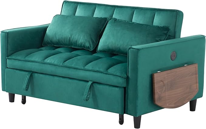 3 in 1 Sofa Bed Pull Out Couch with Side Pockets Loveseat Sleeper Sofa Bed with Side Table Pull Out Couch with USB Ports for Living Room Bedroom Apartment Green