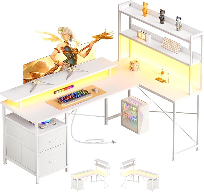 L Shaped Gaming Desk with ShelvesReversible Computer Gaming Desk with LED Lights and Charging StationHome Office Corner Desk with Monitor StandWhite