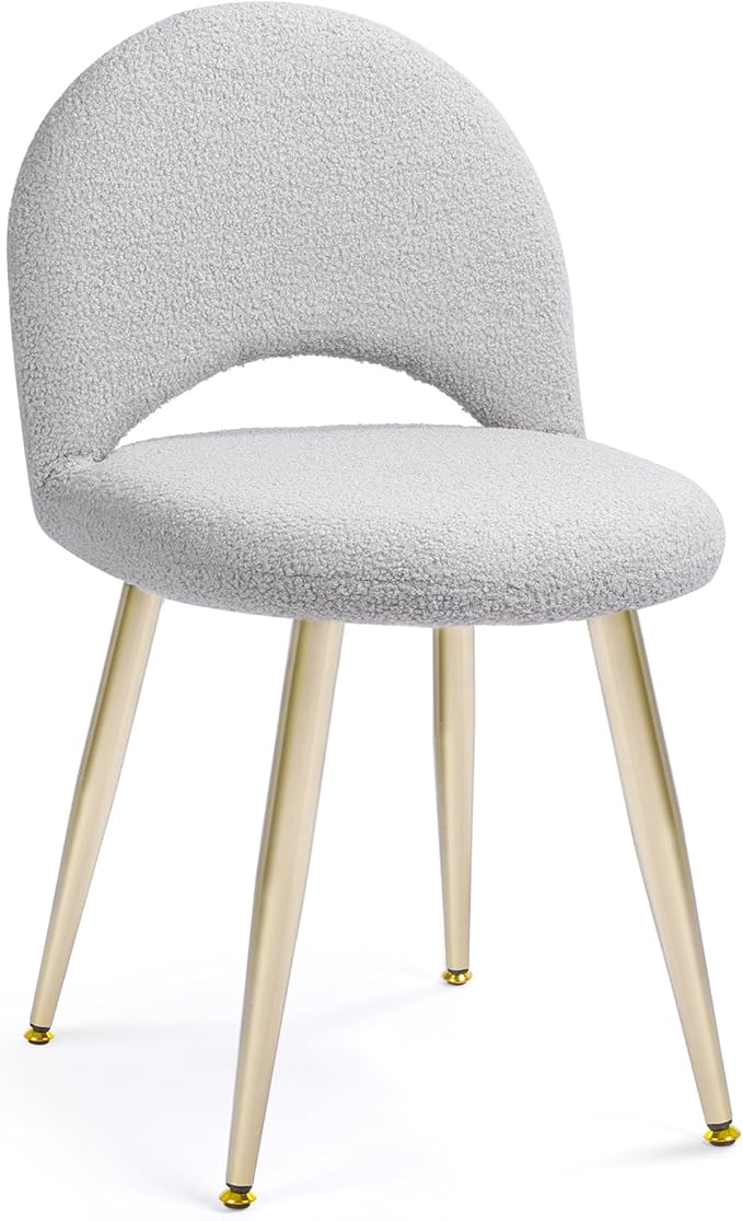 Vanity Chair with Adjustable Backrest Boucle Upholstery Armless Makeup Stool Gray Sherpa Vanity Stool with Gold Metal Legs for Bedroom Living Room Kitchen Dinning Room(Gray)