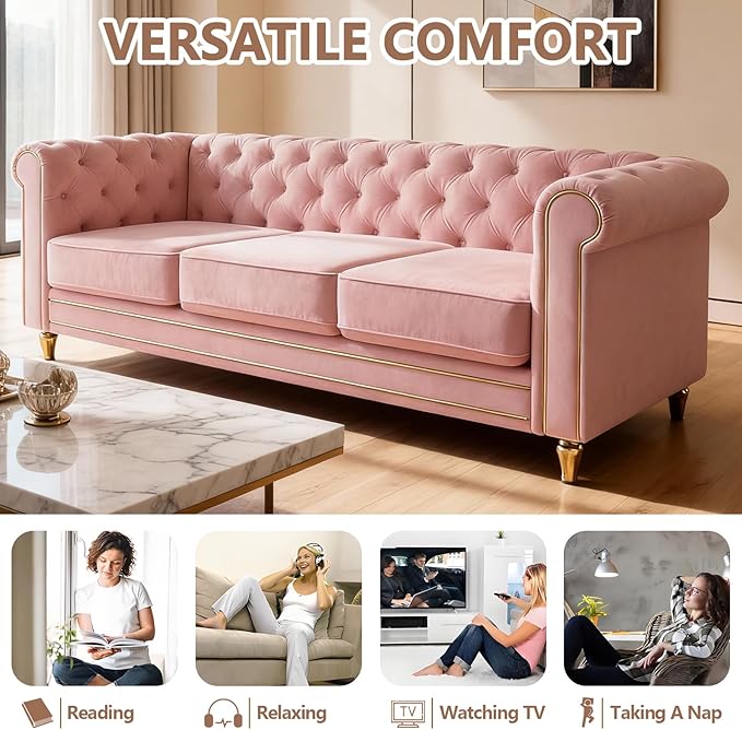 84 Velvet Sofa with Gold Legs Luxury Tufted Couch for Living Room Chesterfield Sofa with Thick Cushion Wide Armrest High-Density Foam Gold Strip Trim (Pink)