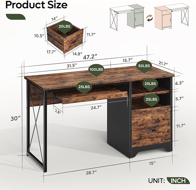 Bestier 47 Computer Desk with Drawers Home Office Desk with Keyboard Tray Reversible Industrial Office Desk with Storage Cabinet for Small Space Home Office &amp Studio Rustic Brown