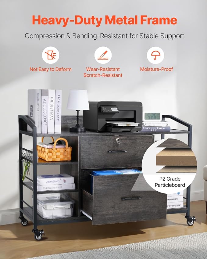 VEVOR 2 Drawers Metal File Cabinet Lateral Filing Cabinet with Lock and 6 Open Shelves Wooden Wide Filing Storage Cabinets with Power Strip for Letter A4 Legal Size File Easy Assembly Gray