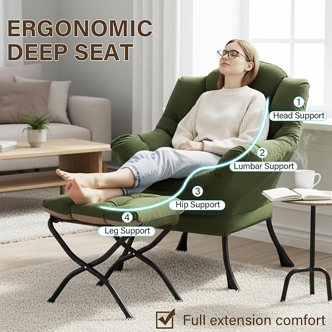 Welnow Lazy Chair with Ottoman Modern Reading Accent Chair with Armrests and a Side Pocket Leisure Upholstered Lazy Sofa Set with Footrest for Small Space Army Green
