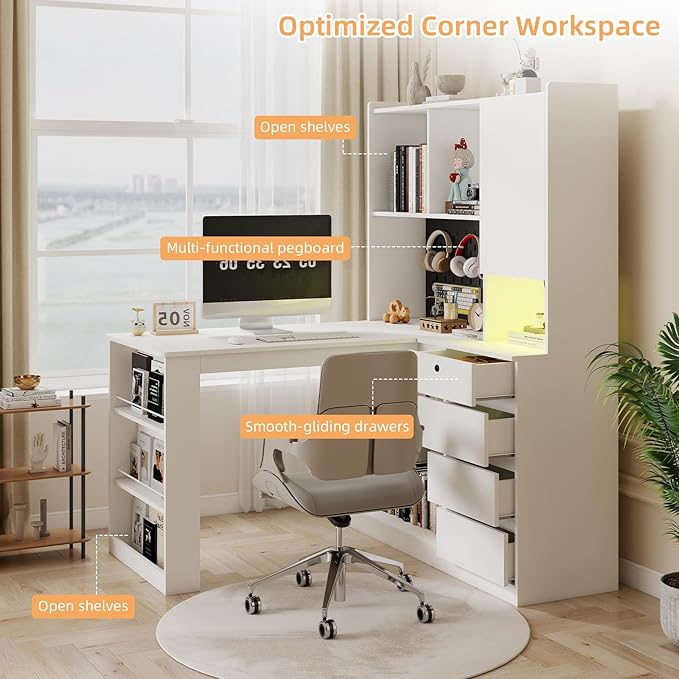 L Shaped Desk with Hutch and 4 Drawers Computer Desk with USB Ports Power Outlets &amp LED Light Wood Corner Computer Desks with Storage Shelves for Home Office White Left Long