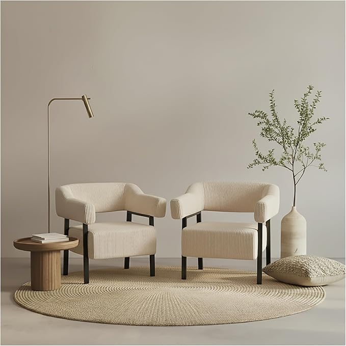 Corduroy Upholstered Accent Chair - Cozy Modern Decorative Armchair Comfortable Cute Corner Side Chairs for Living Room Bedroom Reading Nook Small Spaces (White-2 Pack Black Leg)