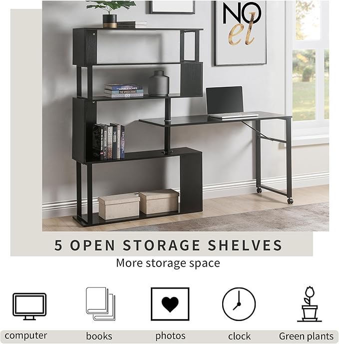 Vinsetto L-Shaped Home Office Computer Desk with Rotating Corner Table 5-Tier Bookshelf Lockable Casters Four Installation Methods 47.2 x 39.9 x 60.2 Black