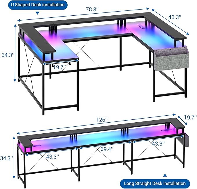 U Shaped Desk with Power Outlets USB Ports &amp RGB LED Lights 79 Inch Large Corner Computer Desk with Monitor Stand Reversible Gaming Desk for Home Office Ergonomic Workstation (Black)